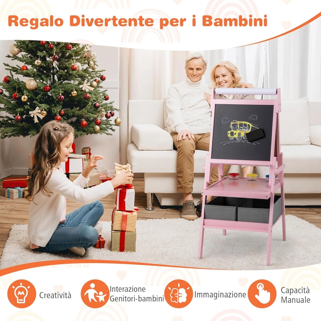 3 in 1 Cavalletto per Bambini, Cavalletto con Doppia Faccia Magnetica e Lavagna Bianca, Rotolo di Carta, 3 Bicchieri per Vernice e 2 Cestini in Tessuto, per Bambini 3-6 Anni (Rosa)