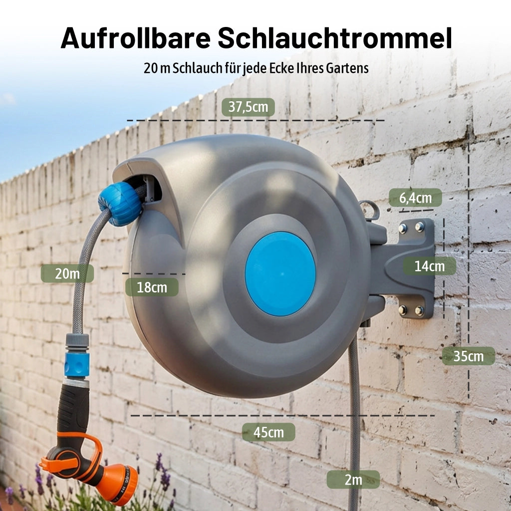 Avvolgitubo da 20 m a parete con riavvolgimento automatico, avvolgitubo da giardino e pistola a spruzzo 9 in 1, resistente ai raggi UV e al gelo,