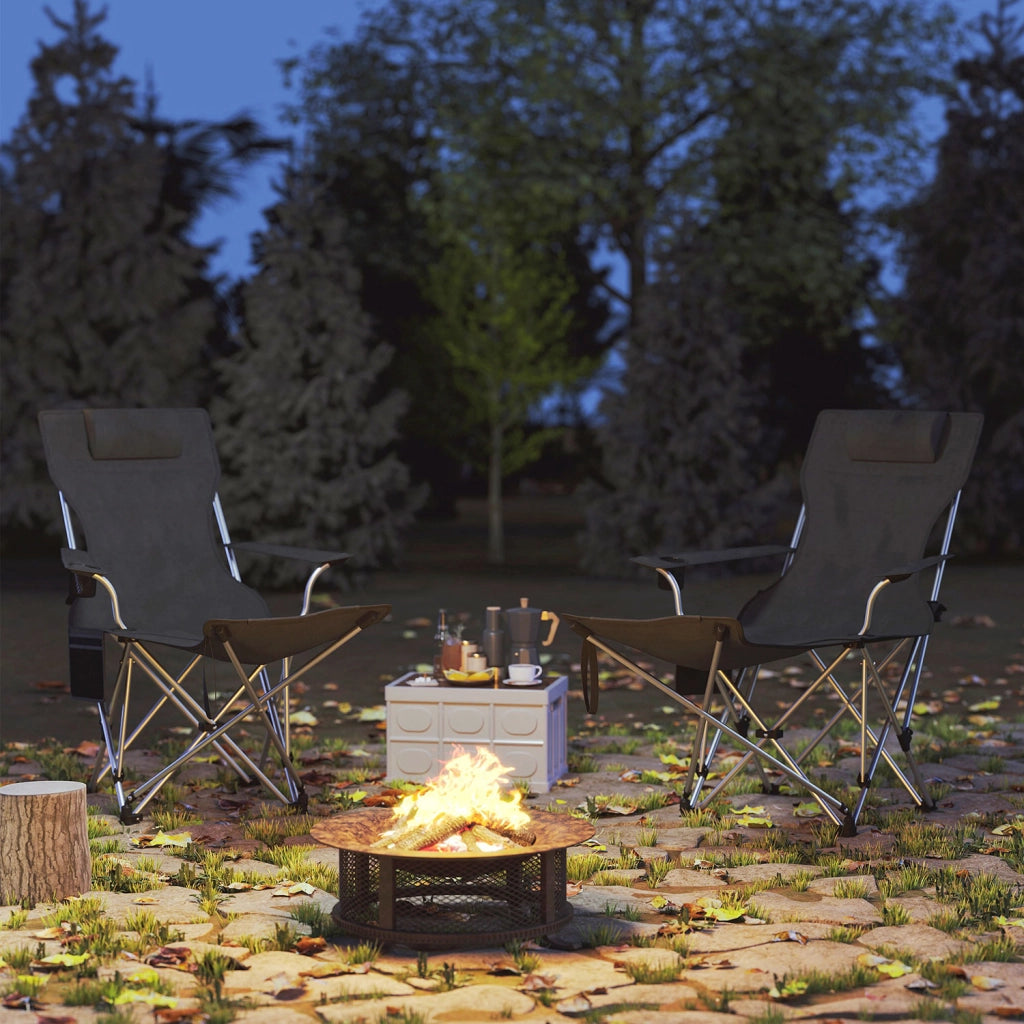 Set 2 Sedie Pieghevoli 82x50-100x88 cm con Poggiapiedi e Portabicchieri Nero