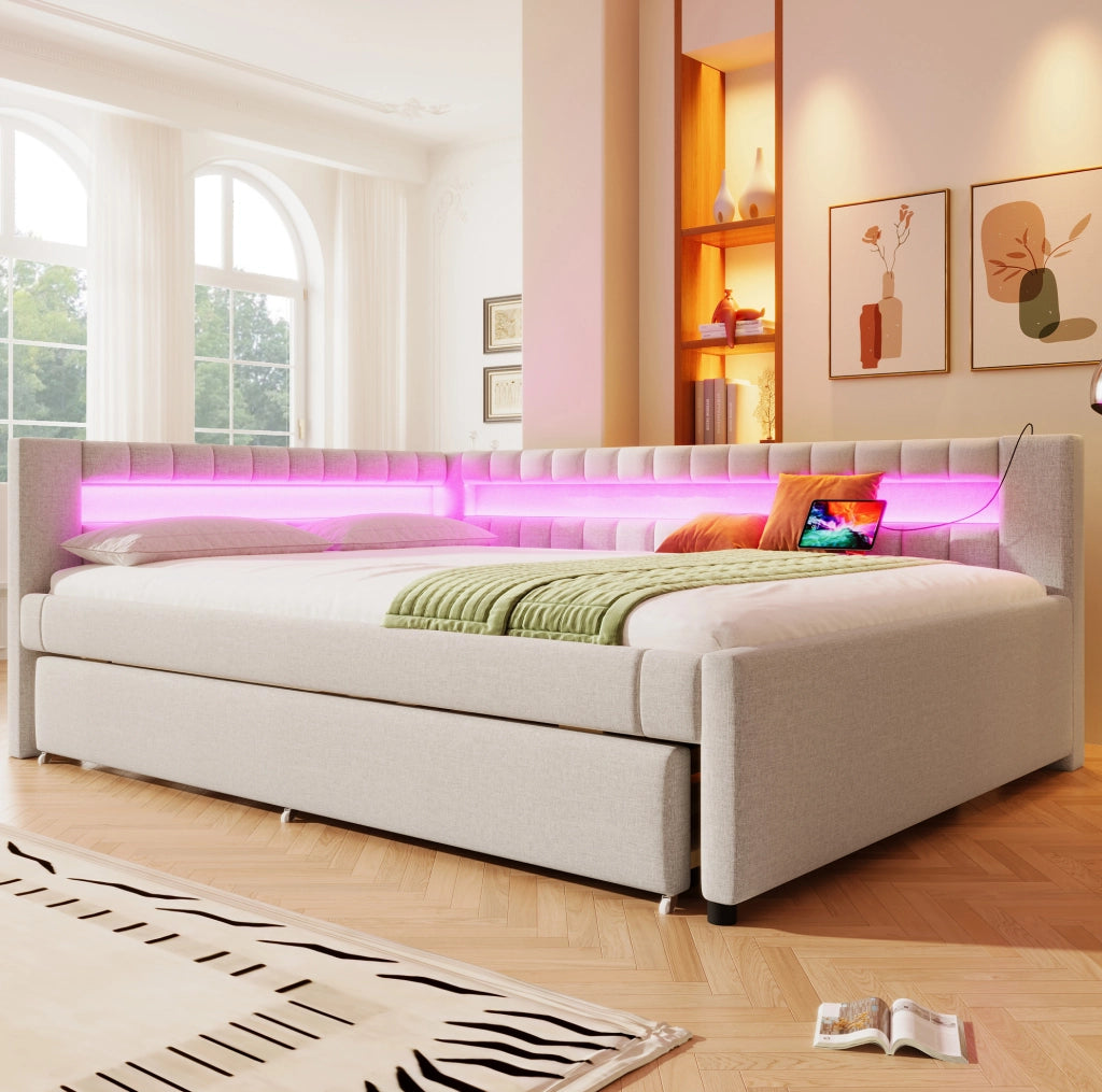 Letto Daybett in Lino Beige 140x200 cm con Letto Estraibile, Striscia LED a Telecomando, USB e Type-C