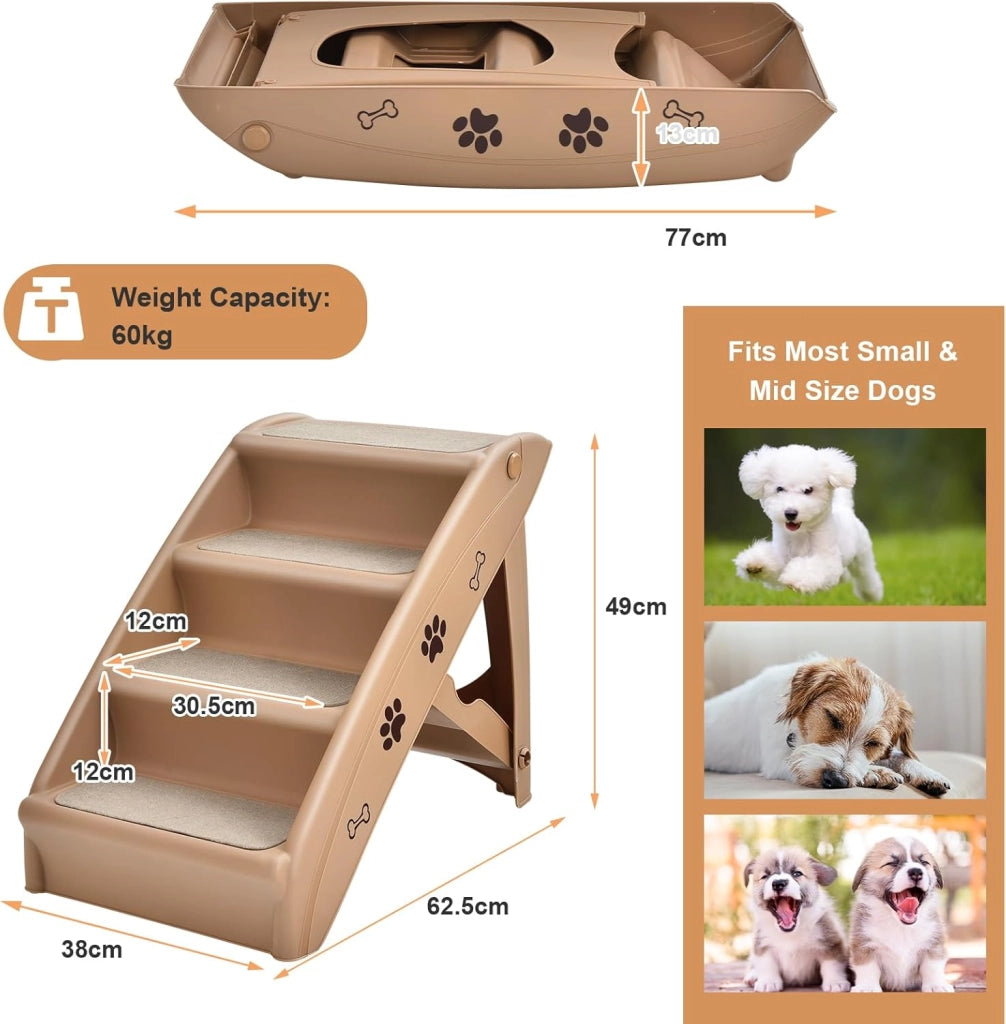 Scala per cani e gatti pieghevole, con tappetino in feltro, carico fino a 60 kg, rampa antiscivolo per cani e gatti per letto, auto, divano (marrone, 65 x 55 x 50 cm, 4)