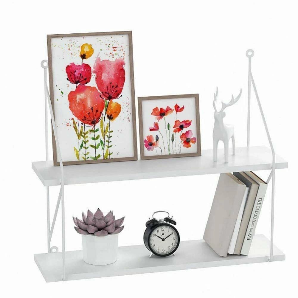 Trade Shop - Libreria Mensole Scaffale Parete Design Moderna Legno Metallo 2 Ripiani Bianco -