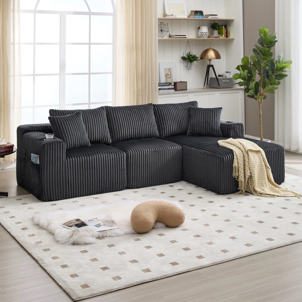 Divano modulare con chaise longue e 2 posti, tasche laterali, portabicchieri e 5 cuscini in tessuto a coste grigio