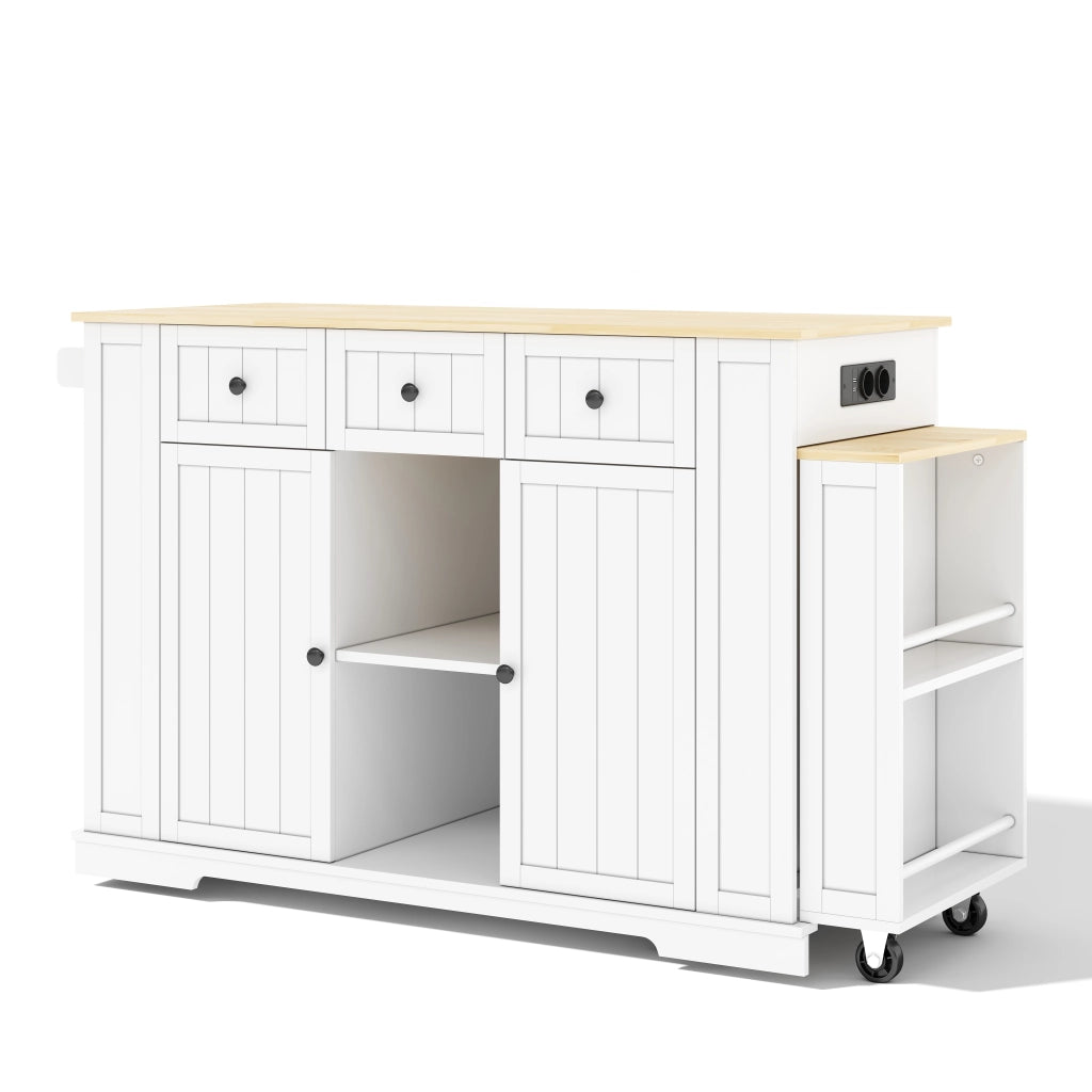 Isola da Cucina Mobile 138/213x55x93 cm con Tavolo Estensibile; 7 Ruote; 2 Prese; 2 USB e Cassetti