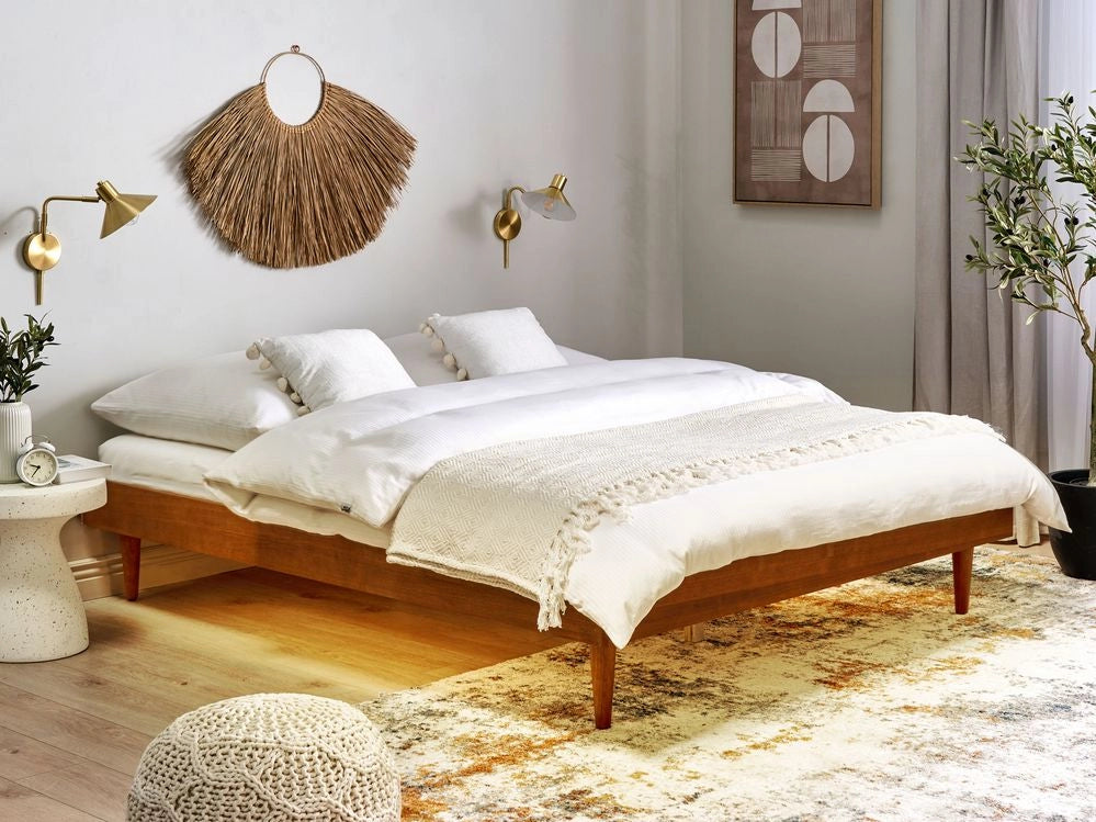 Letto in frassino marrone 180 x 200 cm con rete a doghe senza testata LED stile rustico minimalista