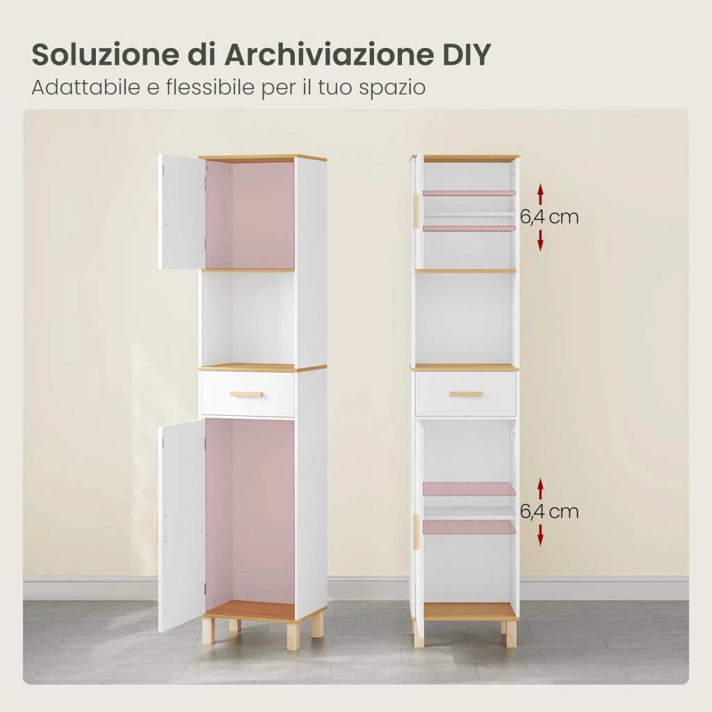 Mobile da Bagno Alto e Stretto, Armadio a Colonna da Bagno Salvaspazio in Legno MDF Mobiletto, Mobile Multiuso con 2 Ante, 1 Cassetto e 1 Vano Aperto, Bianco, 40x30x180cm