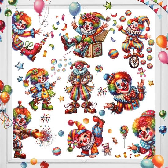 Decorazione di finestra carnaval, 9 fogli, adesivi clown, adesivi statici riciclabili