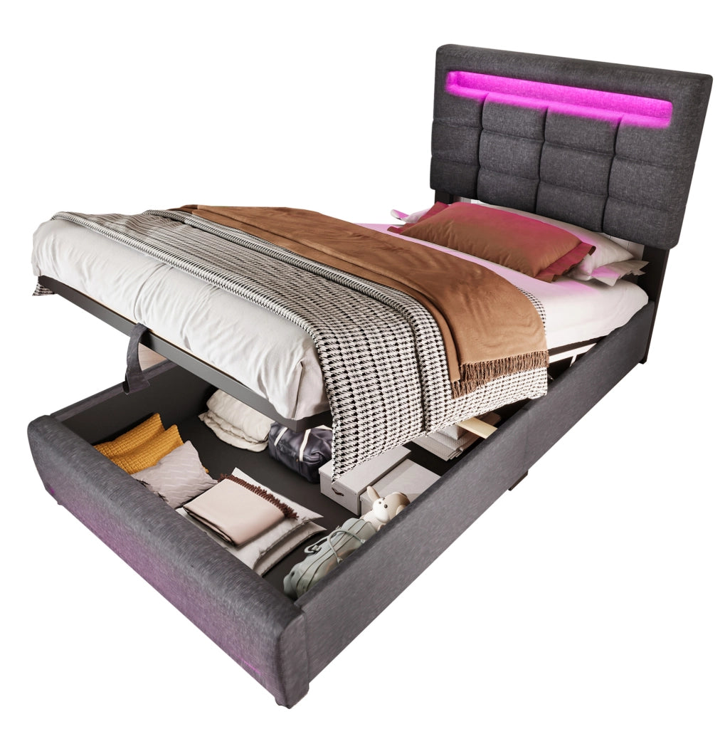 Letto imbottito 90x200 cm con contenitore e LED in lino grigio