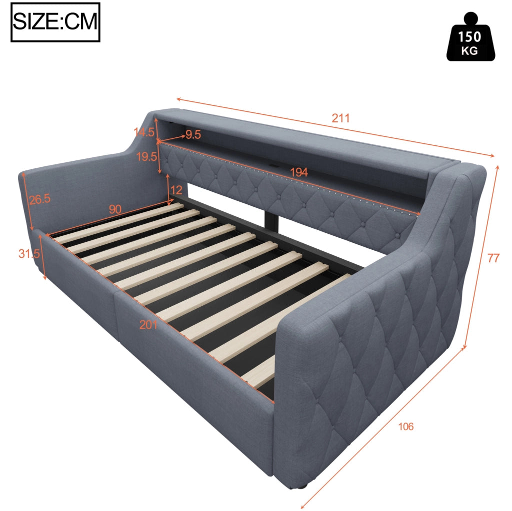 Daybed 90 x 200 cm con illuminazione LED; spazio contenitore idraulico; lino e MDF grigio