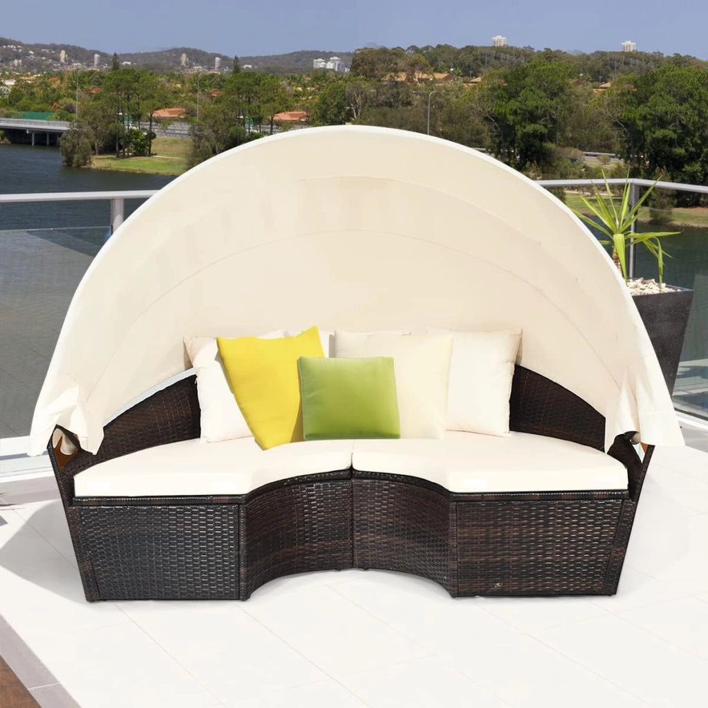 Letto da Giardino Esterno Rotondo in Rattan con Baldacchino Retrattile, Salotto da Giardino Esterno Divano, Lettino da Giardino Portico (Bianco)