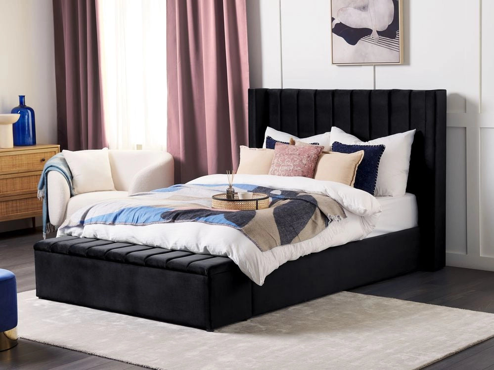 Letto matrimoniale ad acqua in velluto nero con cassapanca 140 x 200 cm moderno glam morbido materasso camera da letto