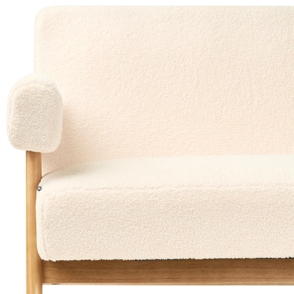 Set di divani Bianco Sporco e marrone chiaro Divano a 2 posti Panca Boucle Rivestimento Retro Design Gambe di legno Soggiorno