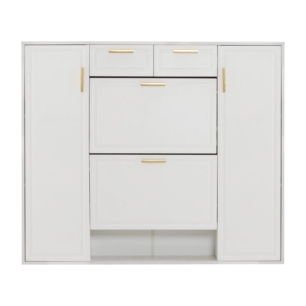 Scarpiera con 2 cassetti, ripiani regolabili e vani aperti, in MDF e truciolare, per ingresso, bianco, 120 × 24 × 107 cm