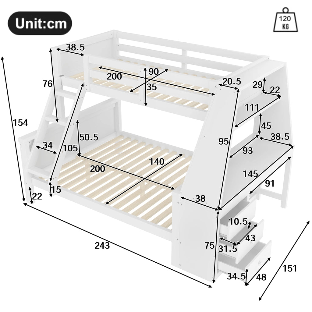 OKWISH Letto a castello 90×200 cm e 140×200 cm, Letto 3 Posti con Scrivania, Mensole e 3 Cassetti, senza Materasso, Bianco