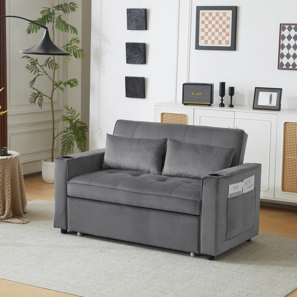 OKWISH Divano Letto 2 Posti, Schienale Regolabile a 3 Posizioni con Portabicchieri e Tasche Laterali, Velluto Grigio