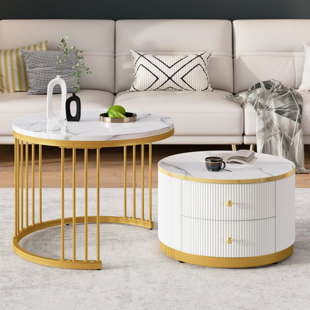 Set di tavolini da caffè 60x60x45.5 cm e 50x50x32 cm; effetto marmo lucido; 2 cassetti; MDF bianco
