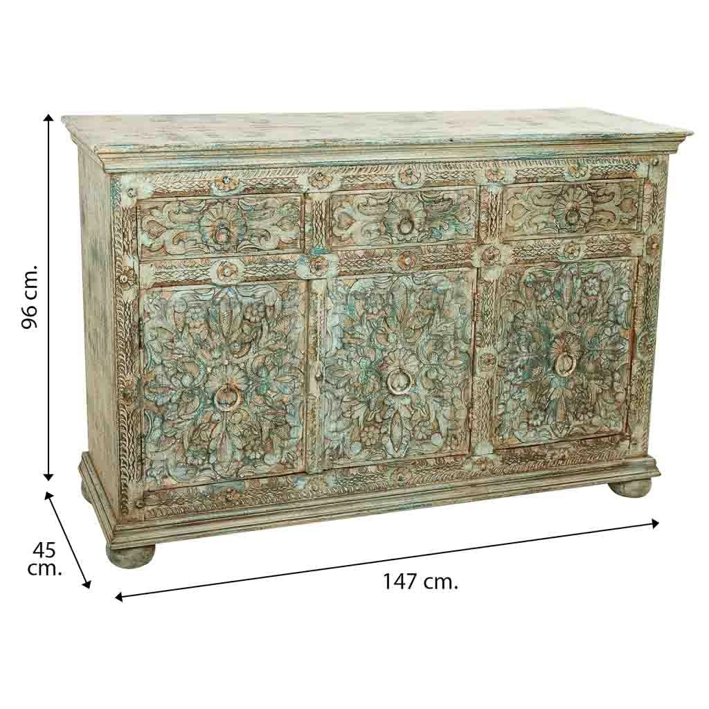Credenza in legno intagliato verde 147x45x96h