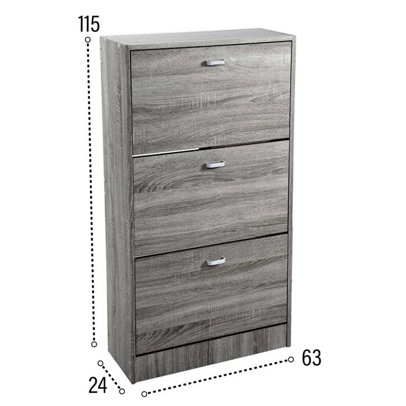 SCARPIERA 3 ANTE IN LEGNO TRUCIOLARE MELAMINICO, OGNI ANTA 2 DIVISORI IN LEGNO ROVERE GRIGIO 63 X 24 X 115 CM