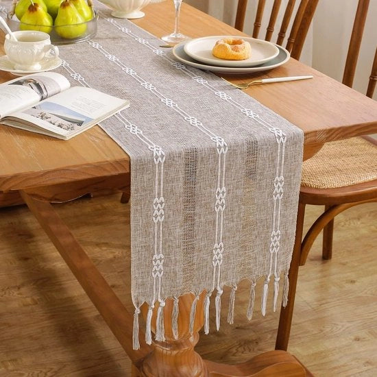 Tavolo rustico con pennelli in stile bohemien - Decorazione da tavolo a tema fattoria a strisce - Tavolo rustico con bordo di cucito pennelli - Perfetto per la decorazione di feste e ristoranti (33x143cm)