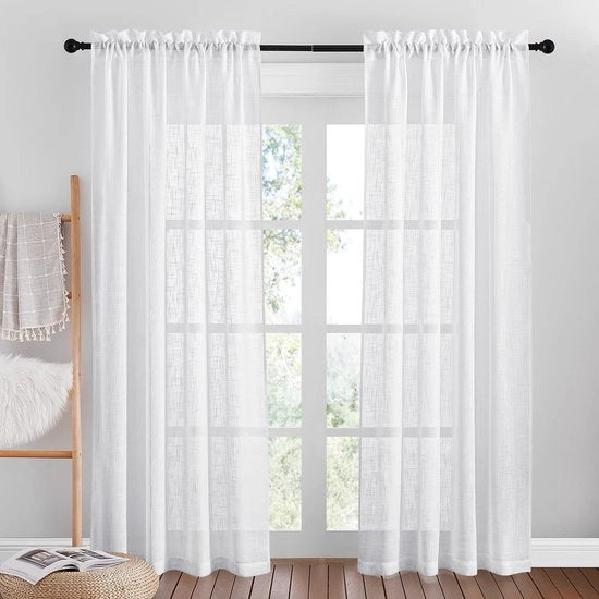 Vetrata a Tendine - 2 Pezzi - 140x220cm - Aspetto di Lino Naturale - Porte a Vetro con Doppia Apertura a Serranda
