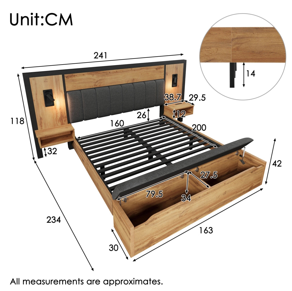 Letto matrimoniale 160x200 cm in rovere con luci USB-C
