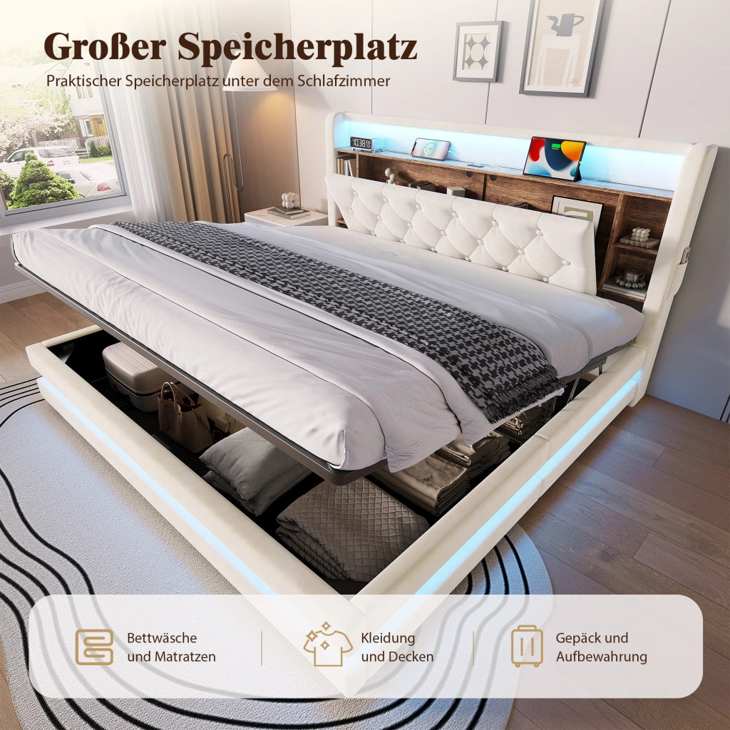 LETTO Contenitore 180x200 cm in velluto Beige con testiera multifunzione