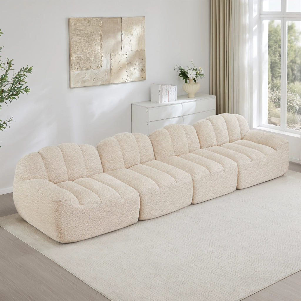 Divano modulare 4 posti senza struttura con seduta profonda e schienale ergonomico in pile granulato beige bianco