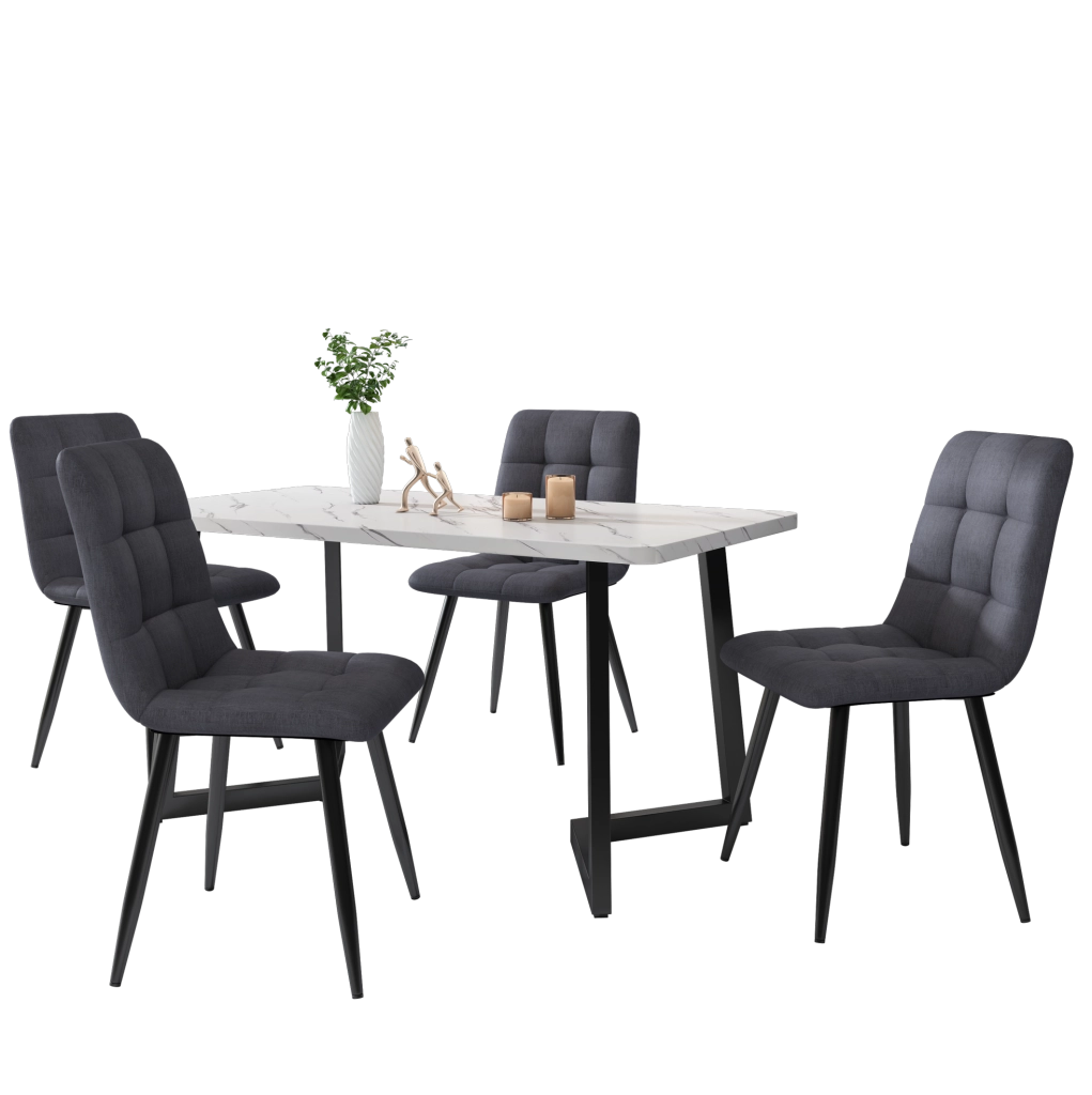 Set di 4 sedie da pranzo in lino grigio; seduta imbottita con struttura in metallo; 44x41x86 cm