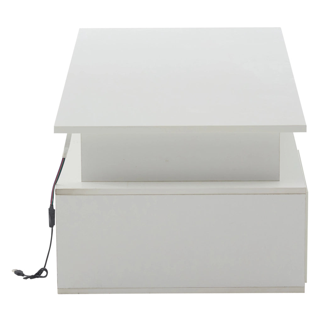 Tavolino da caffè bianco lucido con LED, 2 cassetti e 9 vani