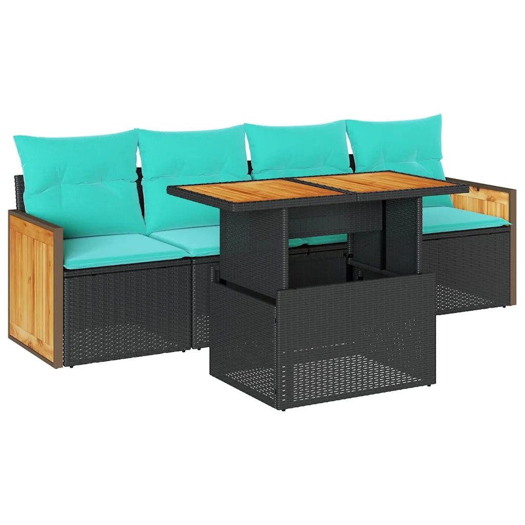 Set Divani da Giardino 5 pz con Cuscini Nero Polyrattan Acacia