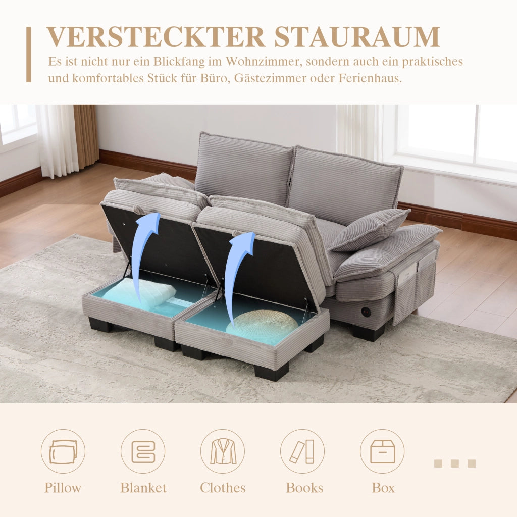 Divano modulare 2 posti in corduroy con pouf contenitore e USB-C - grigio chiaro