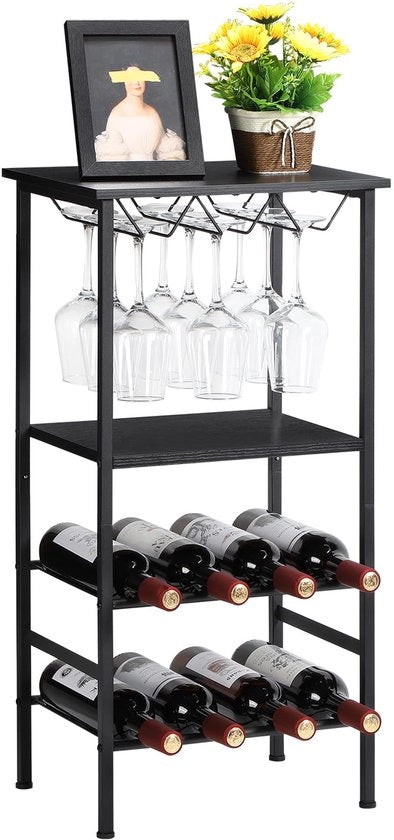 Wijnrek libero, stand alone con supporto per bicchieri e piano di legno, 8 bottiglie, tavolo per vino con assi di legno, 4 livelli, organizzatore per bottiglie di vino, display per vino, nero