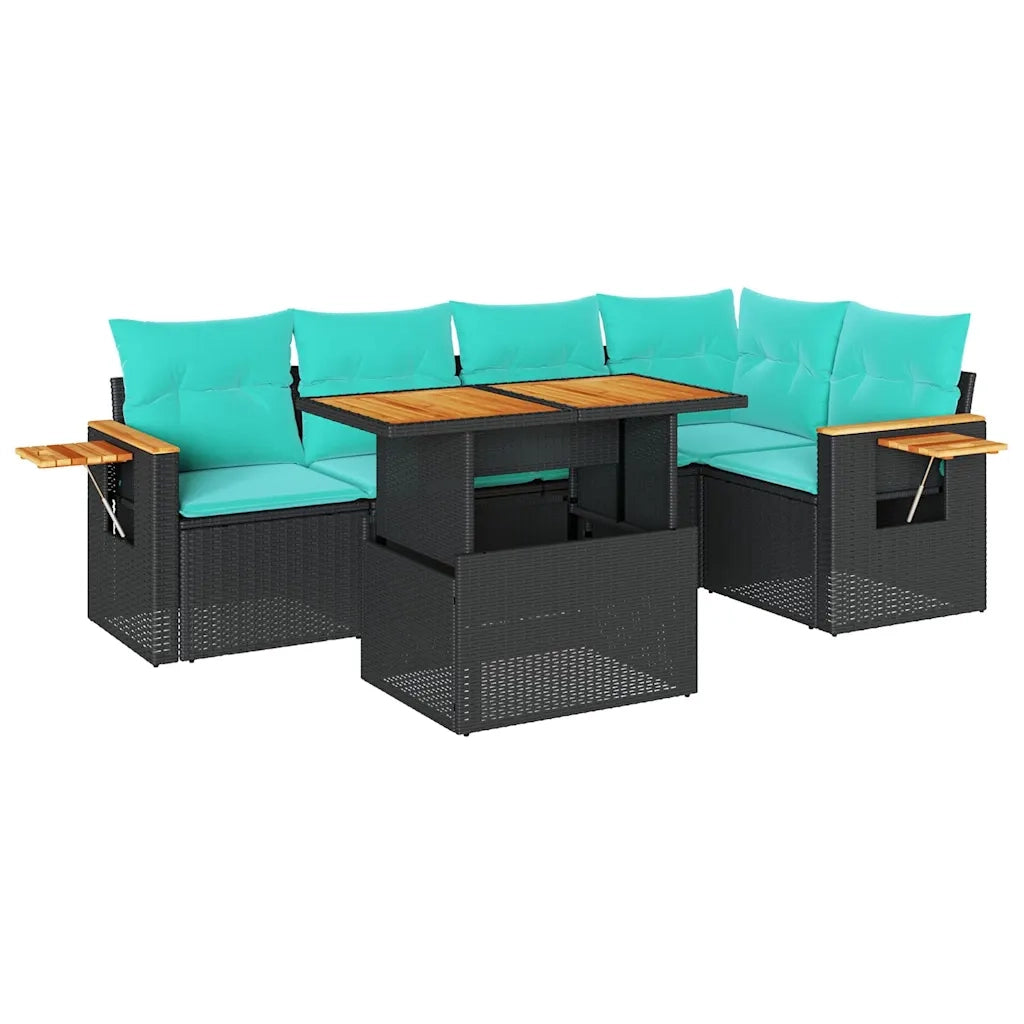 Set Divano da Giardino 6 pz con Cuscini Nero Polyrattan Acacia