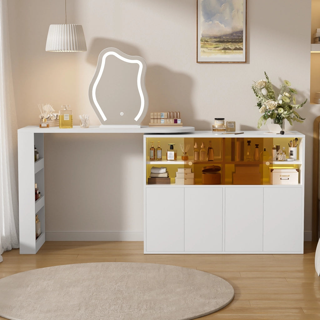 Tavolo da trucco angolare girevole con specchio LED a 3 colori, scrivania 2 in 1, bianco