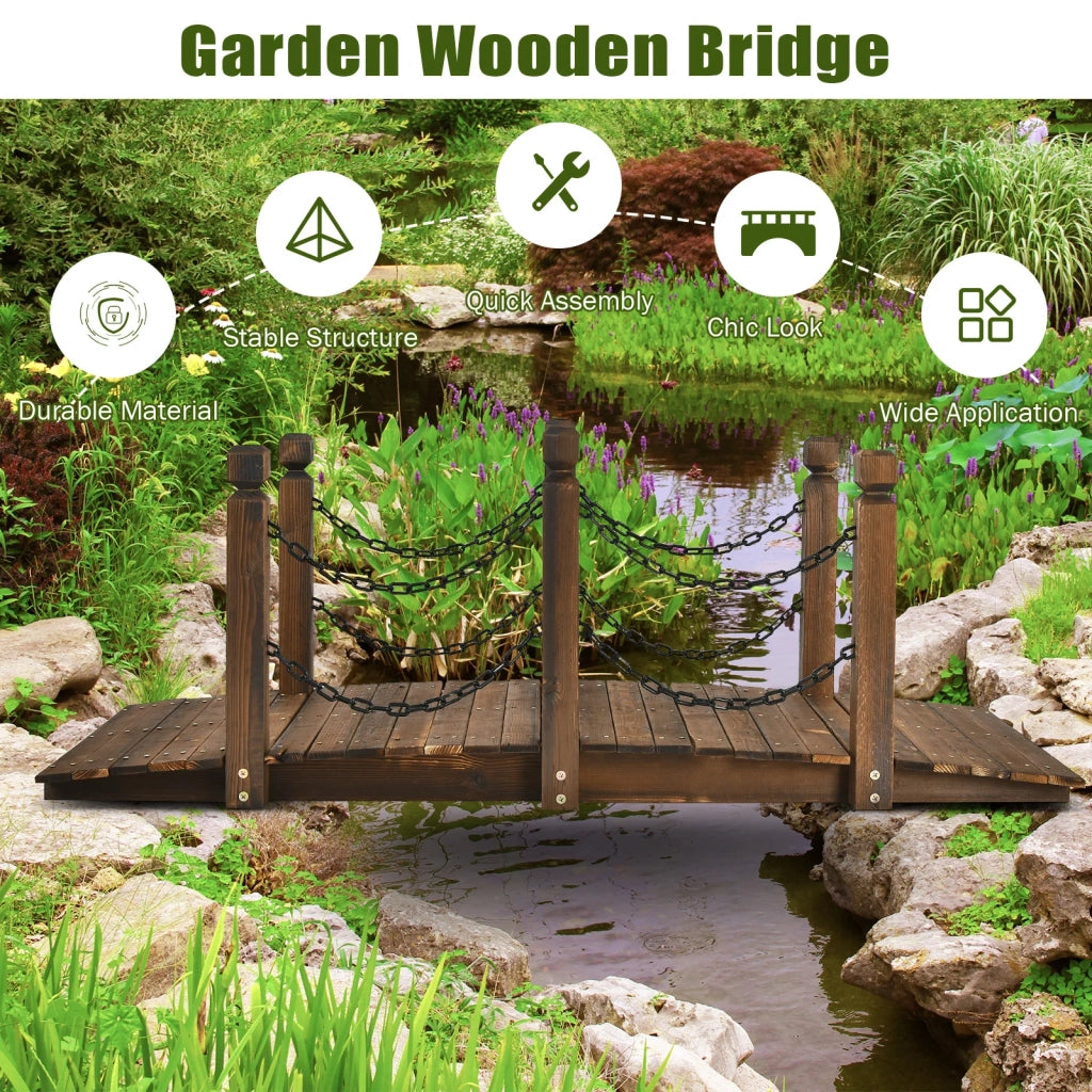 Ponte in Legno per Giardino ad Arco 150 cm Marrone con Corrimano a Catena Portata 180 kg Robusto per Esterni