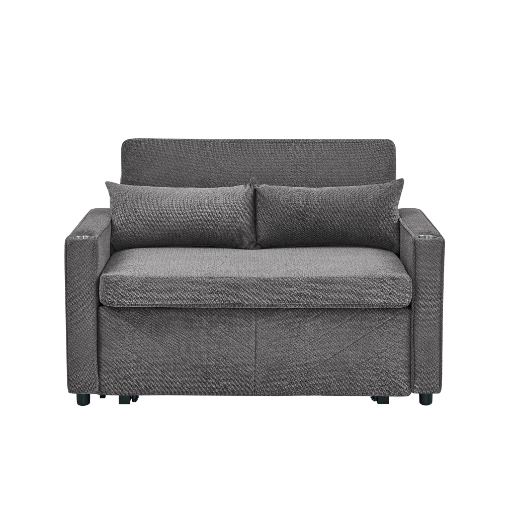 Divano letto 2 posti con funzione 3 in 1 e porte USB scorrevole in tessuto grigio scuro