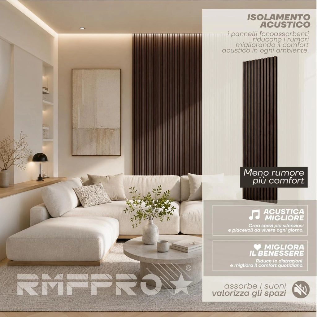 RMF PRO Set 2 Pannelli Decorativi Parete Legno Fonoassorbenti Rovere Bianco 240x60 cm (2,88 m²) – Rivestimento Acustico a Listelli MDF per Casa, Studio e Ufficio
