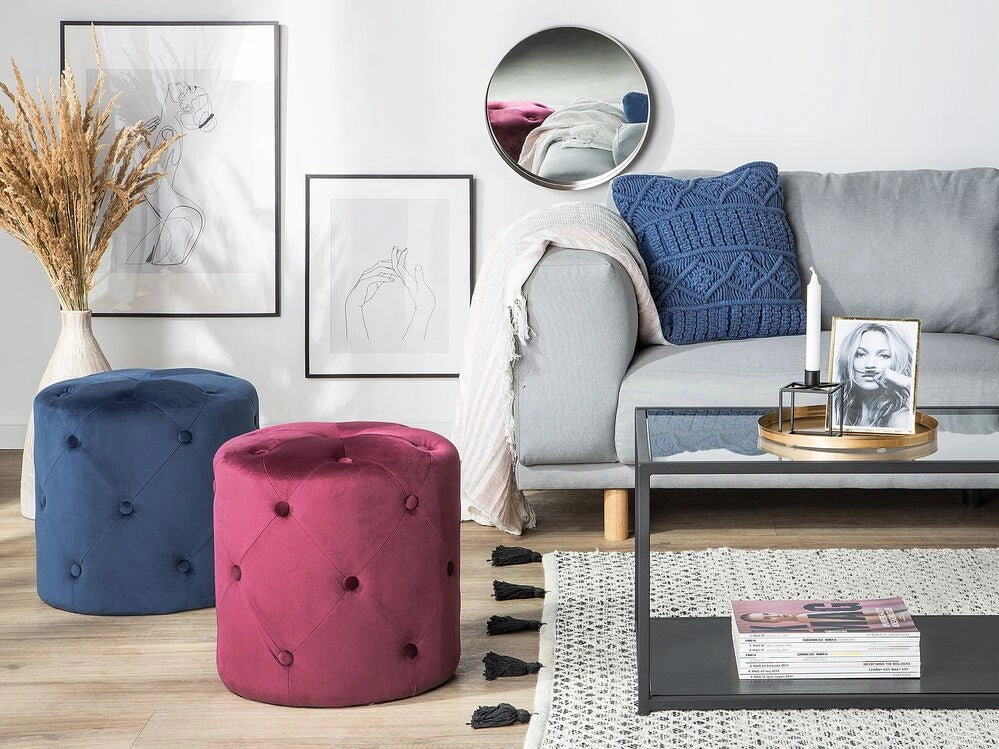 Pouf ottomana rotondo trapuntato blu navy Pouf trapuntato Chesterfield
