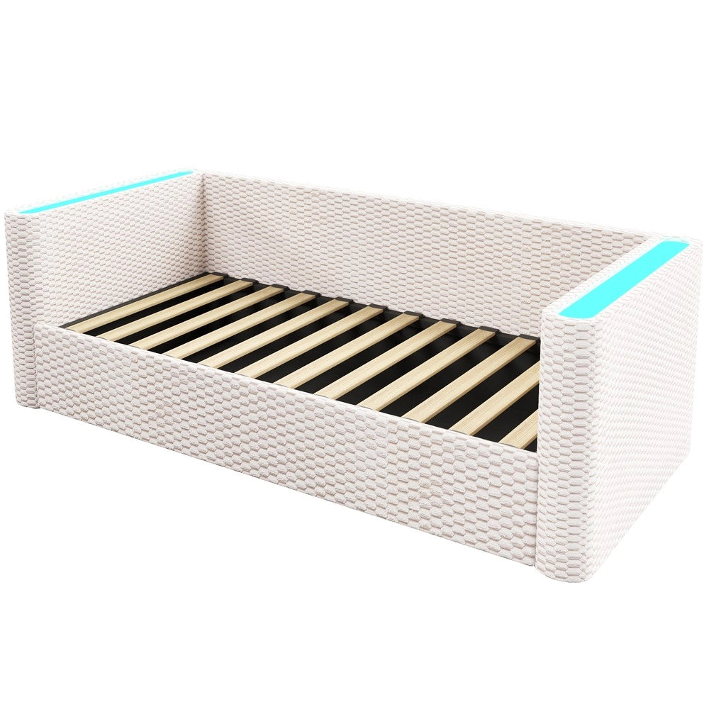 Letto Contenitore con LED ¨C Xylo ¨C Velluto Beige 90x200, Rete a Doghe