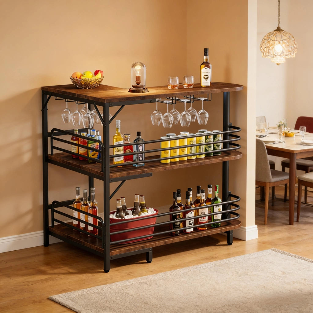 Mobile bar con ripiani e portabicchieri per cucina e soggiorno in acciaio e legno nero e marrone rustico 120×90×110 cm