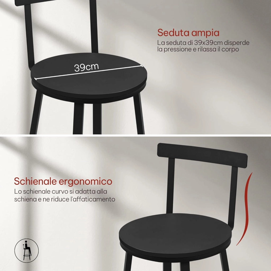 Sgabelli Cucina Set di 4, Sgabelli da Bar per Colazione, con Poggiapiedi e Schienale, Struttura in Metallo, Nero