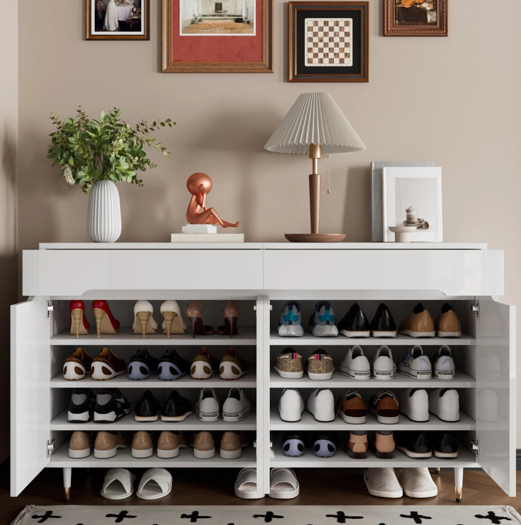 Armadio portascarpe moderno 140x39x84 cm bianco con gambe dorate; 2 cassetti e ripiani regolabili