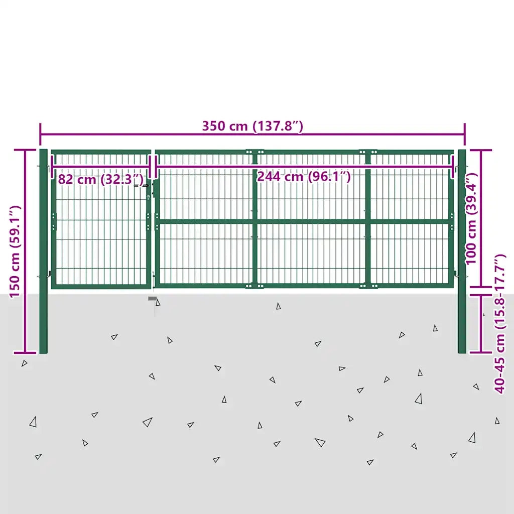 Cancello per Recinzione da Giardino con Pali 350x100 cm in Acciaio Verde 142569