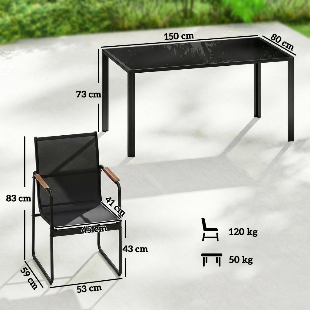 Set 7 Pezzi con Tavolo 150x80x73 cm e 6 Sedie da Giardino con Braccioli in Acciaio e Vetro Nero