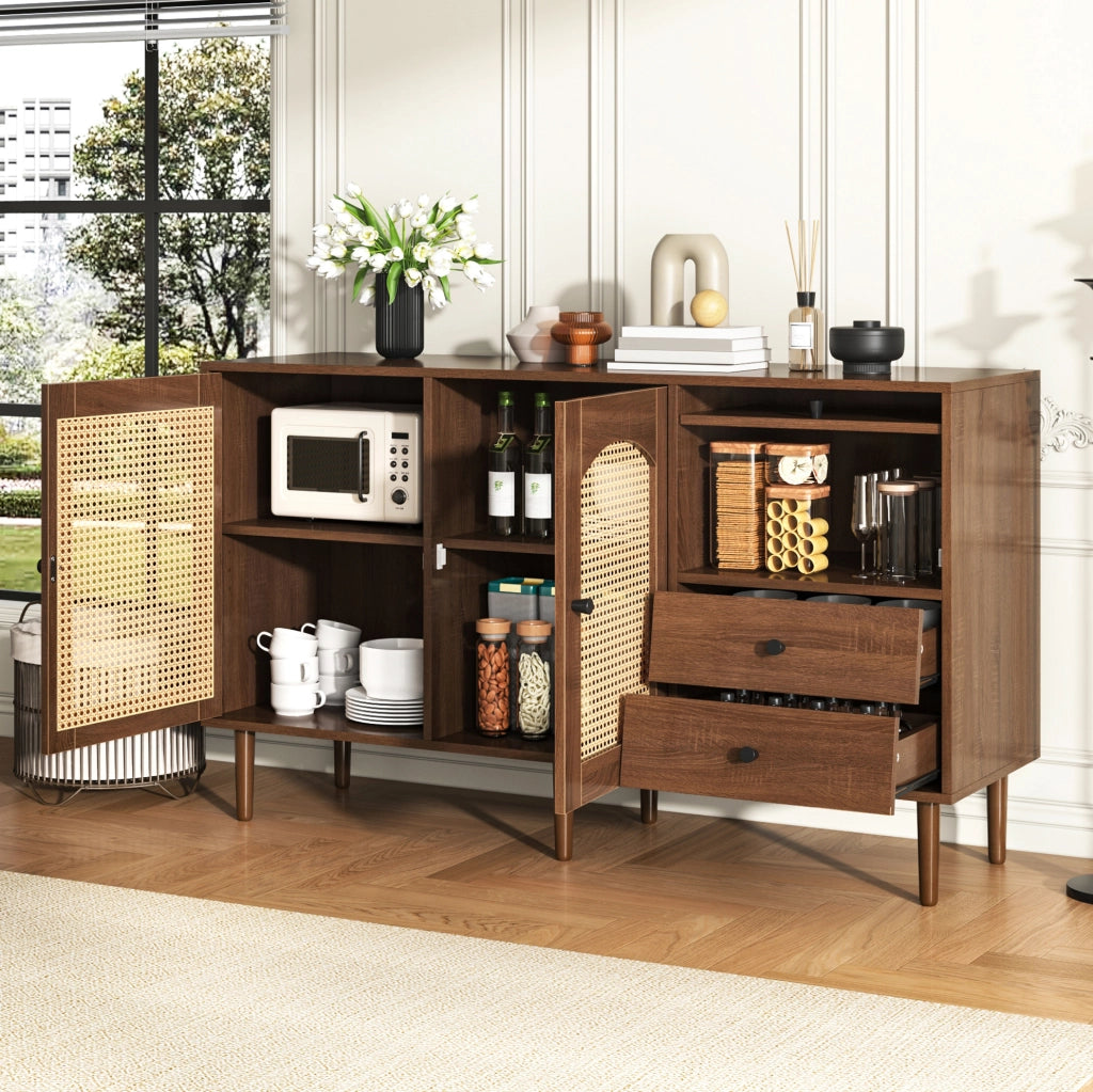 Credenza country con ante in rattan, 130x40x75,5 cm