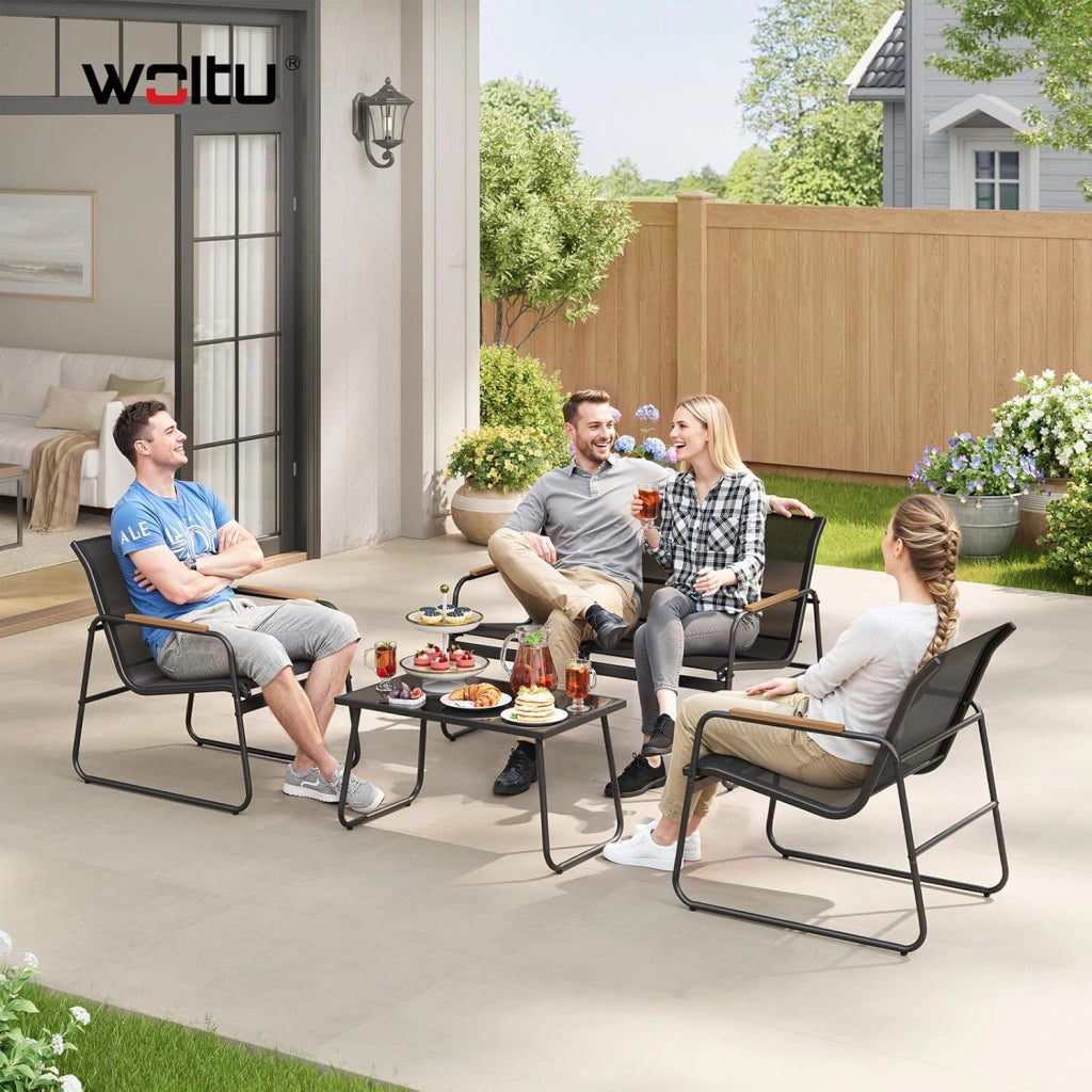 Set di Mobili da Esterno 4 Pezzi, Tavolo, Divano e 2 Sedie, Salotto da Giardino Resistente alle Intemperie, Struttura in Metallo, Tessuto Traspirante, per Balcone, Patio, Terrazza, Nero