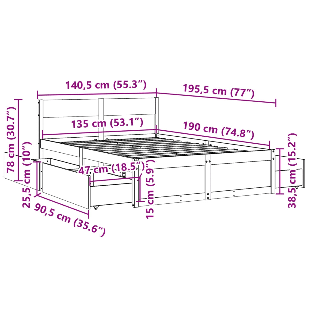 Letto senza Materasso Marrone Cera 135x190 cm in Legno di Pino