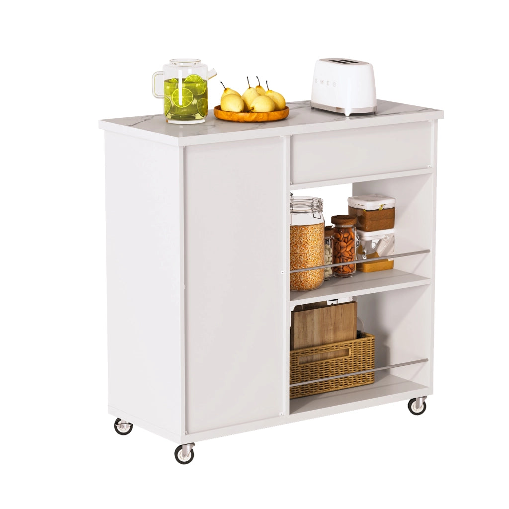 Carrello da cucina bianco con piano effetto marmo, cassetto, armadietto e ripiani aperti, mobile con ruote bloccabili, 90x62x90 cm