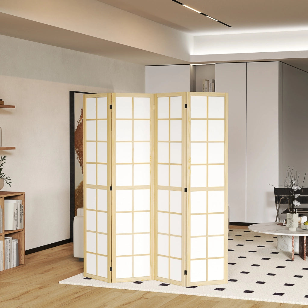 Paravento Pieghevole 4 Pannelli in Legno e Tessuto ¨C zephmum ¨C Legno e Bianco 160x170 cm