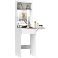 Tavolo da Trucco Compatto con Specchio e Illuminazione a LED, Piano Pieghevole, Mensole Aperte, Cassetto, MDF, Bianco